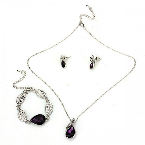 Teardrop Crystal Necklace Earrings Bracelet Jewelry Set Purple 3pcs