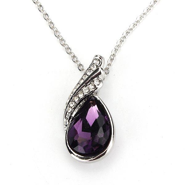 Teardrop Crystal Necklace Earrings Bracelet Jewelry Set Purple 3pcs