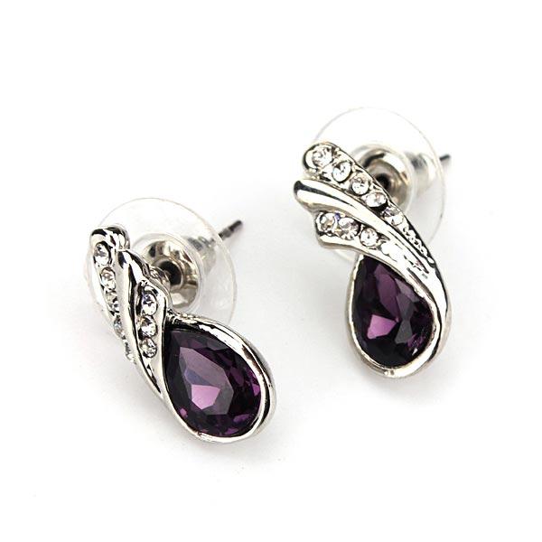 Teardrop Crystal Necklace Earrings Bracelet Jewelry Set Purple 3pcs