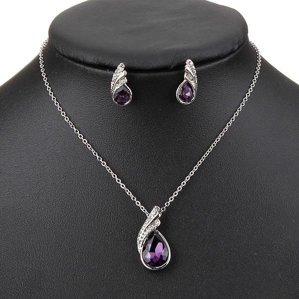 Teardrop Crystal Necklace Earrings Bracelet Jewelry Set Purple 3pcs