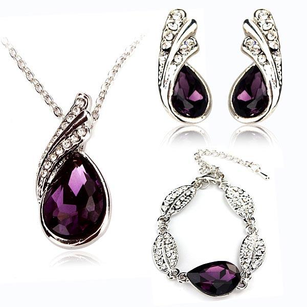 Teardrop Crystal Necklace Earrings Bracelet Jewelry Set Purple 3pcs