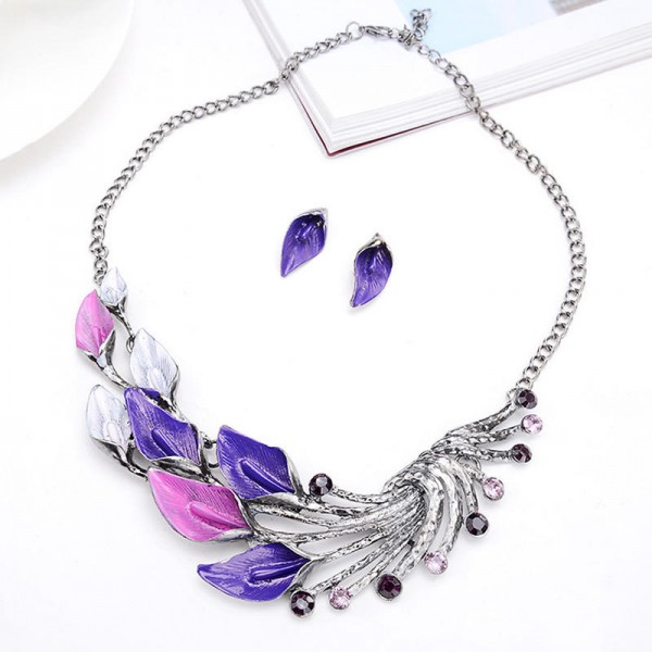 Gradient Color Leaf Peacock Enamel Crystal Necklace Dangle Earrings Jewelry Set for Women