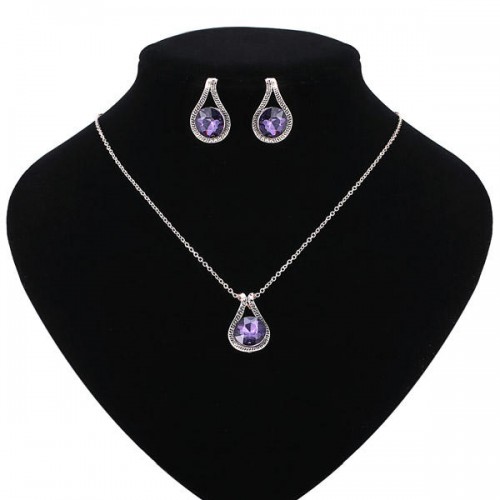 Rose Gold Carved Amethyst Necklace Earrings Jewelry Set