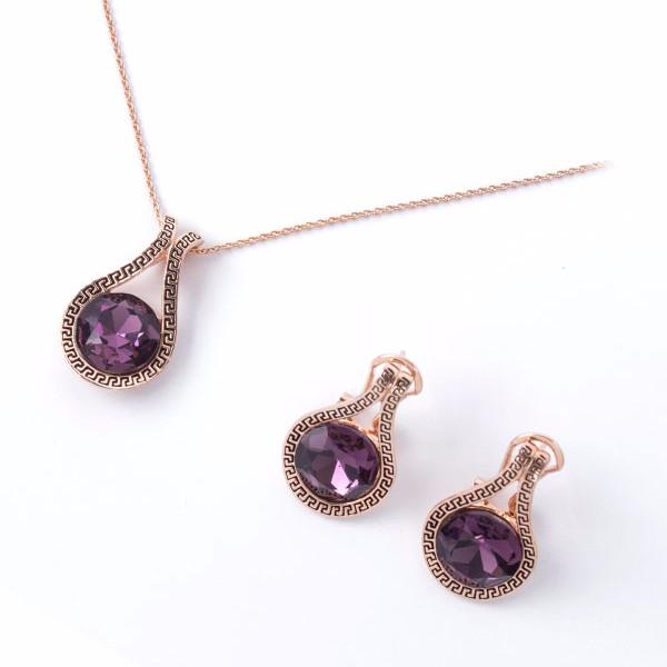 Rose Gold Carved Amethyst Necklace Earrings Jewelry Set