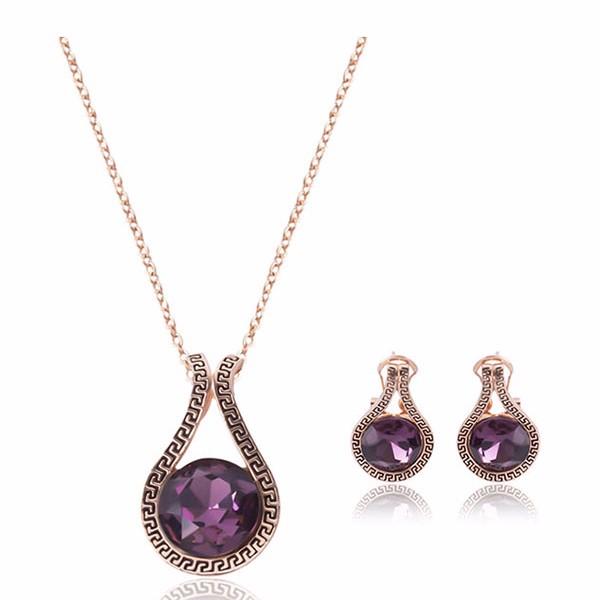 Rose Gold Carved Amethyst Necklace Earrings Jewelry Set