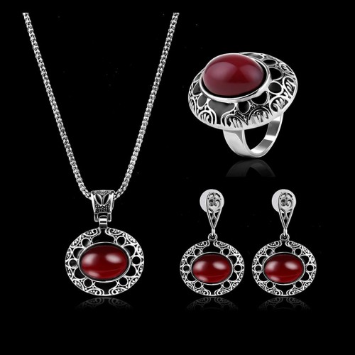 Turkey Series Red Rubellite Necklace Ring Retro Earrings Birthday Gift Jewelry Set