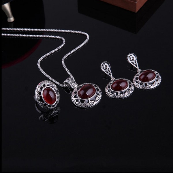 Turkey Series Red Rubellite Necklace Ring Retro Earrings Birthday Gift Jewelry Set