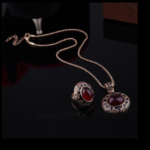 Turkey Series Red Rubellite Necklace Ring Retro Earrings Birthday Gift Jewelry Set