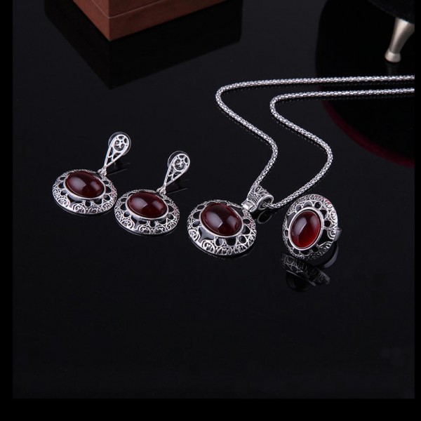 Turkey Series Red Rubellite Necklace Ring Retro Earrings Birthday Gift Jewelry Set