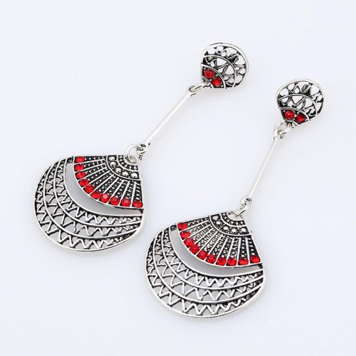 Retro Red Rhinestone Antique Silver Sector Ear Drop Vintage Earrings for Women