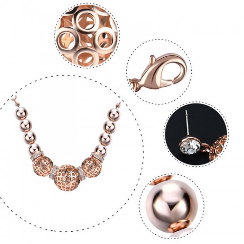 Trendy Women's Rose Gold Bead Pendant Jewelry Set Necklace Rhinestone Earrings