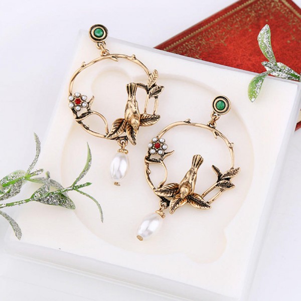 Trendy Vivid Pearl Earrings with Bird on The Tree Irregular Hoop Gold Earring for Women