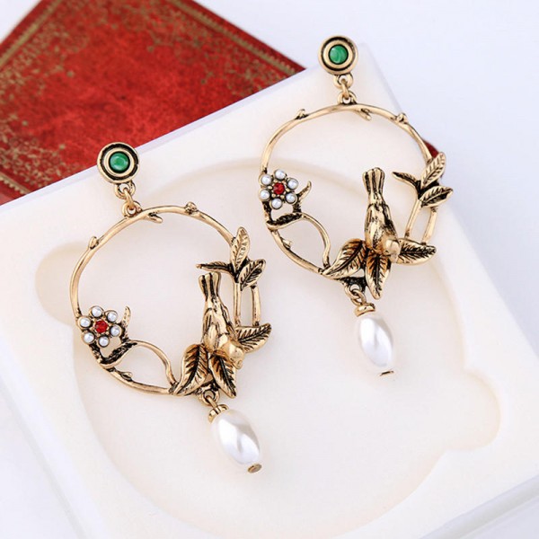 Trendy Vivid Pearl Earrings with Bird on The Tree Irregular Hoop Gold Earring for Women