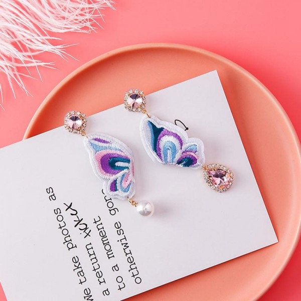 Trendy 925 Sterling Silver Earring Diamond Butterfly Embroidery Cloth Pearl Women Earrings