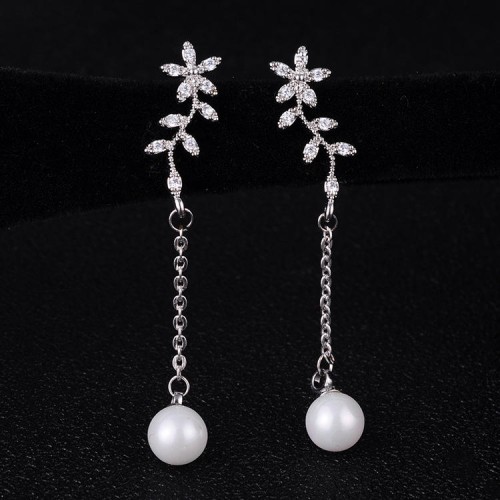 Temperament Flowers Pearl Earrings Long Zircon 925 Silver Hypoallergenic Ear Drop jewelry