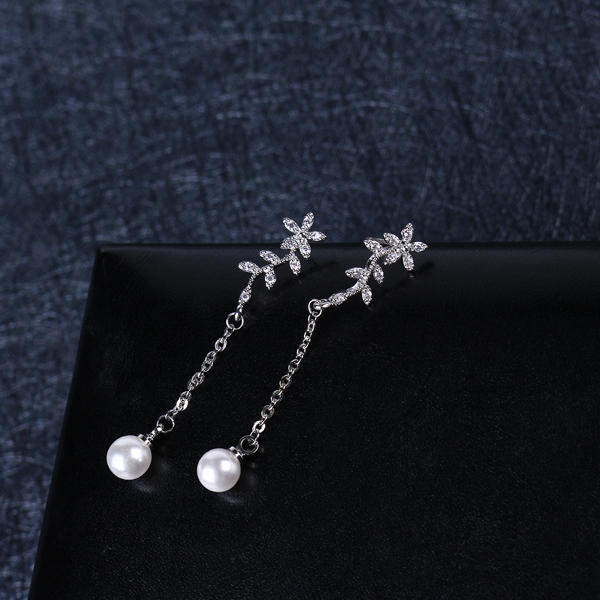 Temperament Flowers Pearl Earrings Long Zircon 925 Silver Hypoallergenic Ear Drop jewelry