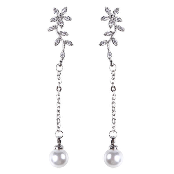 Temperament Flowers Pearl Earrings Long Zircon 925 Silver Hypoallergenic Ear Drop jewelry