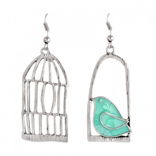 Silver Drop Earrings Blue Grey Bird Birdcage Pendants Fashion Asymmetric Women Earrings