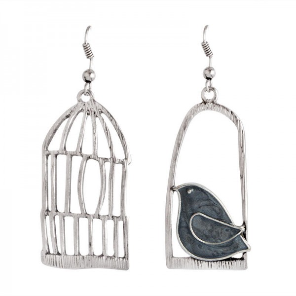 Silver Drop Earrings Blue Grey Bird Birdcage Pendants Fashion Asymmetric Women Earrings