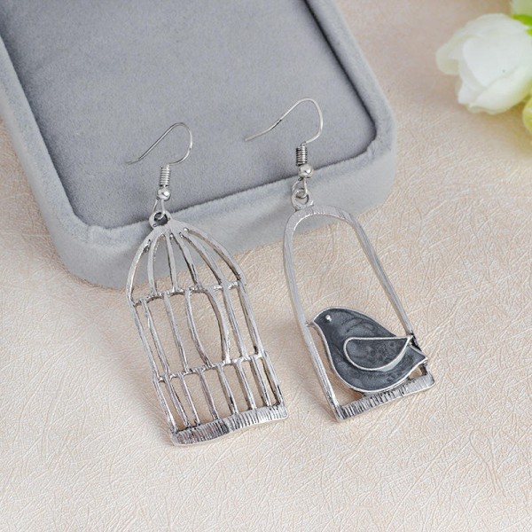 Silver Drop Earrings Blue Grey Bird Birdcage Pendants Fashion Asymmetric Women Earrings