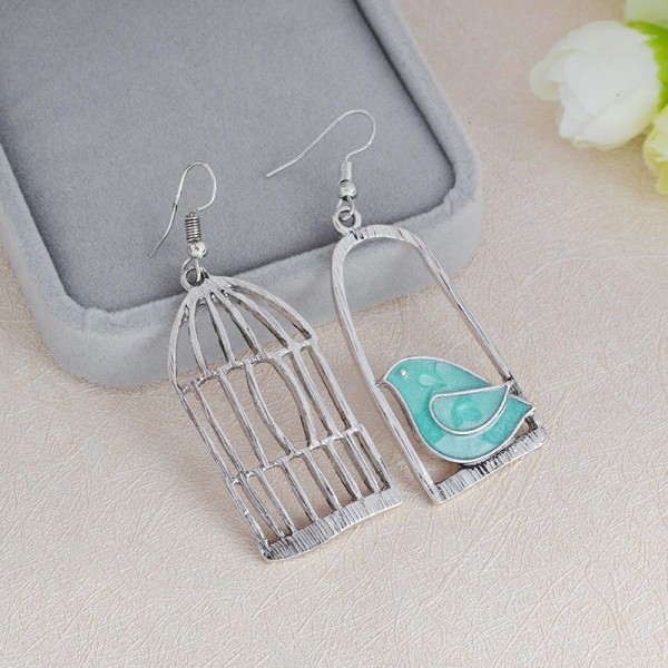 Silver Drop Earrings Blue Grey Bird Birdcage Pendants Fashion Asymmetric Women Earrings