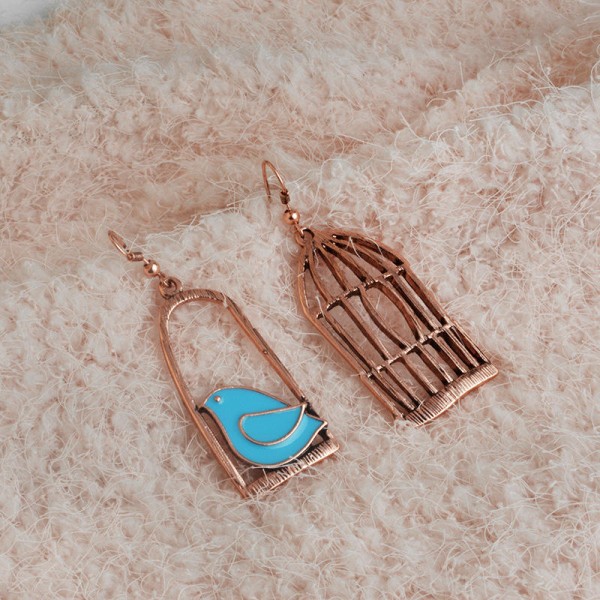 Silver Drop Earrings Blue Grey Bird Birdcage Pendants Fashion Asymmetric Women Earrings