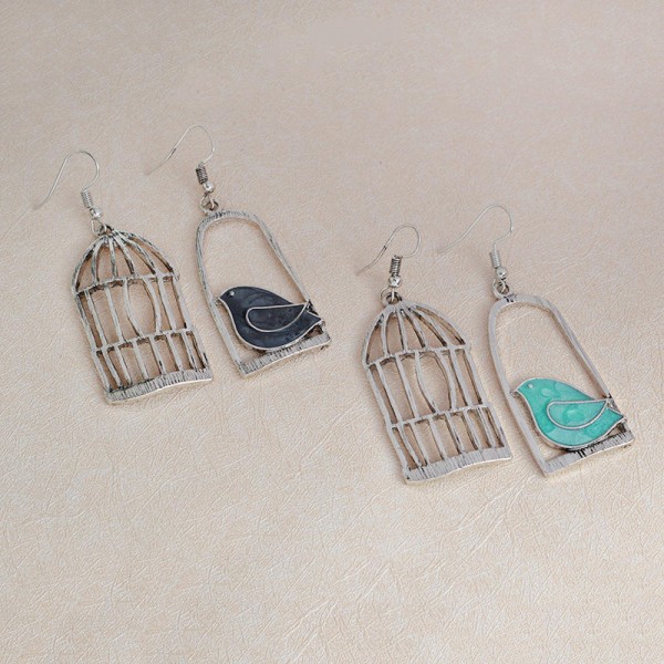 Silver Drop Earrings Blue Grey Bird Birdcage Pendants Fashion Asymmetric Women Earrings