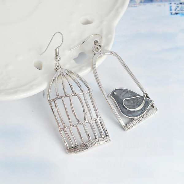 Silver Drop Earrings Blue Grey Bird Birdcage Pendants Fashion Asymmetric Women Earrings