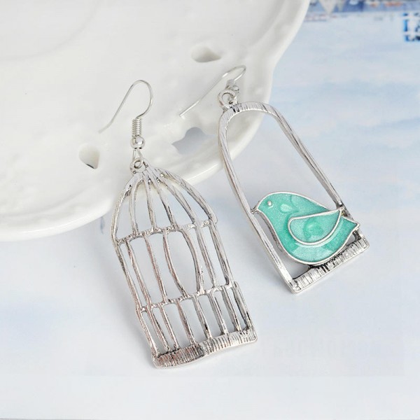 Silver Drop Earrings Blue Grey Bird Birdcage Pendants Fashion Asymmetric Women Earrings