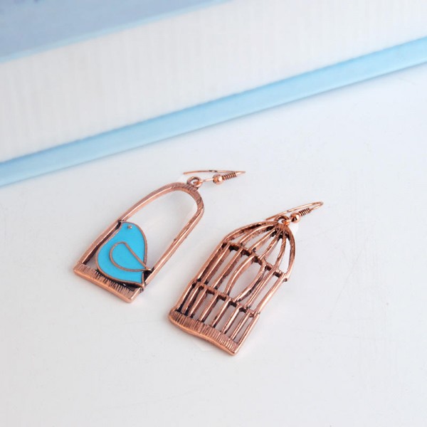 Silver Drop Earrings Blue Grey Bird Birdcage Pendants Fashion Asymmetric Women Earrings