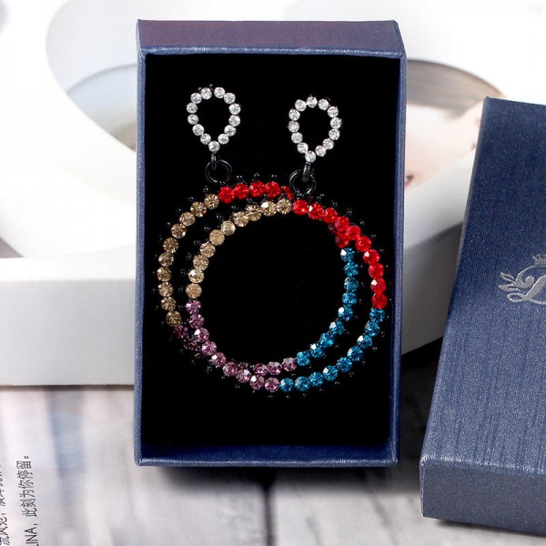 Women's Vintage Rhinestone Circle Earrings Colorful Pierced Fashion Earrings Jewelry