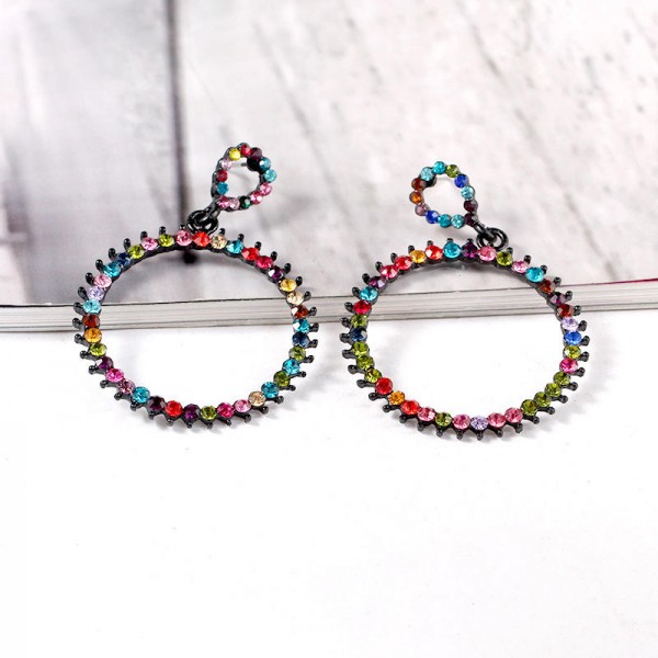 Women's Vintage Rhinestone Circle Earrings Colorful Pierced Fashion Earrings Jewelry