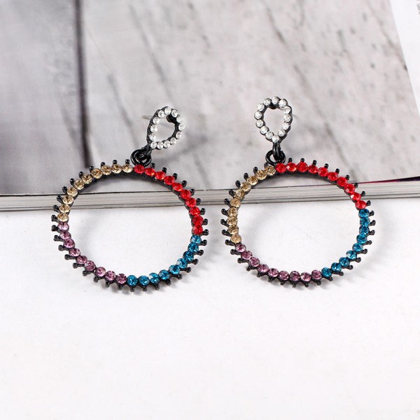 Women's Vintage Rhinestone Circle Earrings Colorful Pierced Fashion Earrings Jewelry