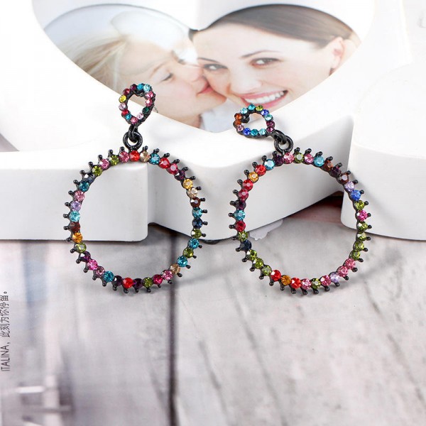 Women's Vintage Rhinestone Circle Earrings Colorful Pierced Fashion Earrings Jewelry