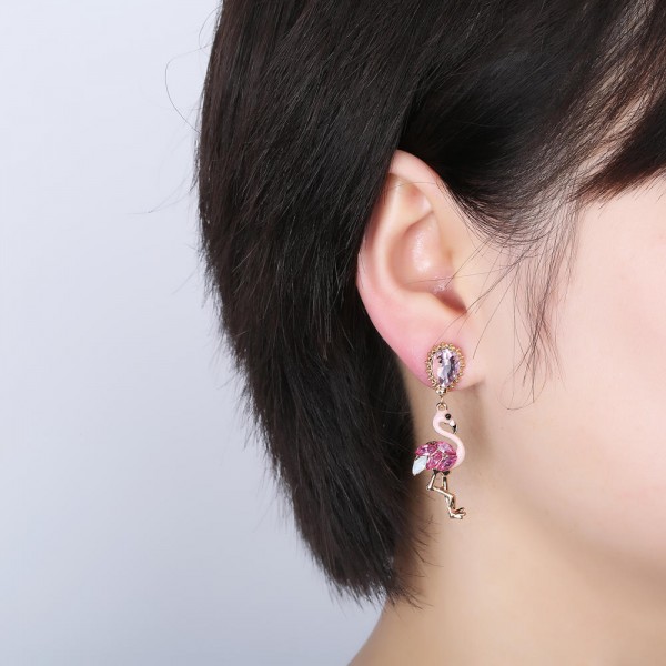 Cute Flamingo Coconut Tree Dangle Earring Asymmetry Pearls Crystal Diamonds Earrings for Women