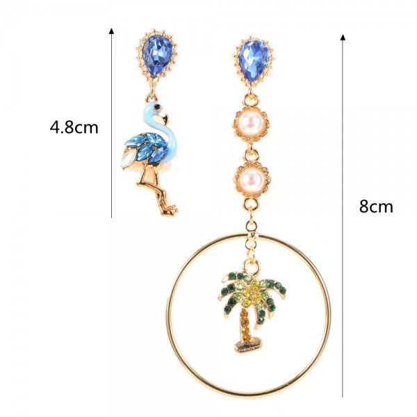 Cute Flamingo Coconut Tree Dangle Earring Asymmetry Pearls Crystal Diamonds Earrings for Women