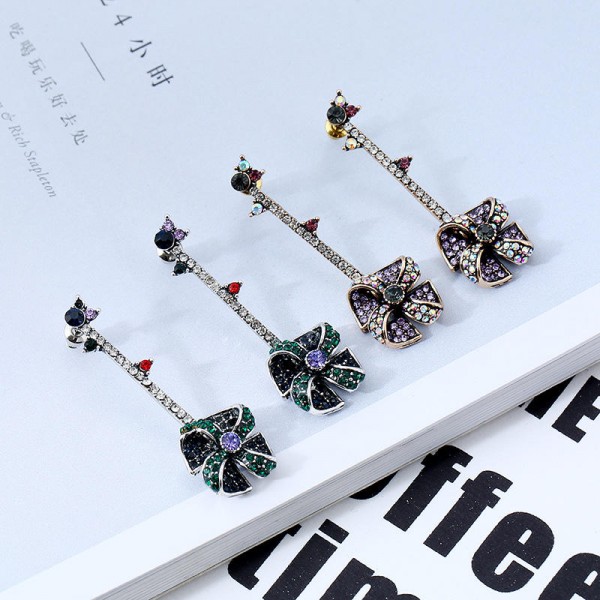 Vintage Windmill Full Rhinestones Stick Dangle Earrings Statement Bar Earring Jewelry for Women