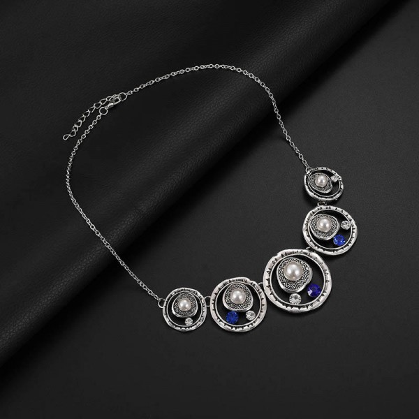 Luxury Antique Silver Sapphire Pearl Jewelry Set Women Statement Vintage Pearl Earrings Necklaces