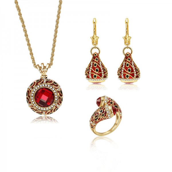 Luxury Red Crystal Statement Ring Charm Necklaces Star Drop Earrings Bridal Jewelry Set for Women