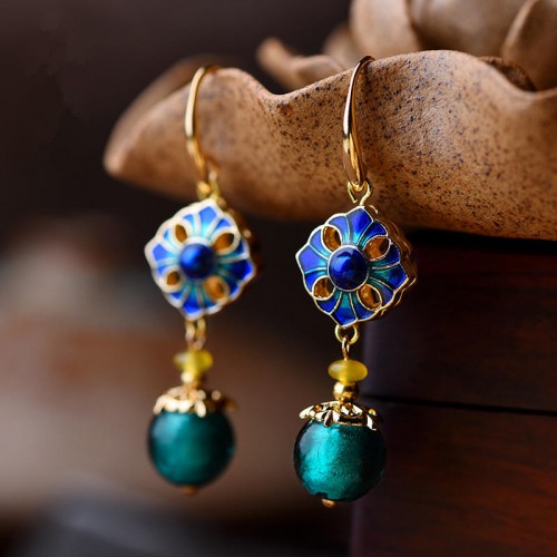 Luxury Retro Dangle Earrings Cloisonne Flower Agate Handmade Gold Earring for Women Ethnic Jewelry