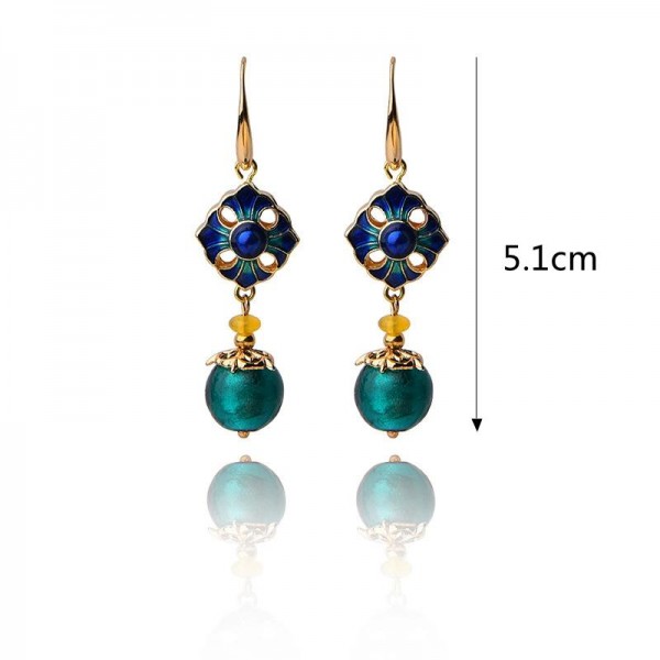 Luxury Retro Dangle Earrings Cloisonne Flower Agate Handmade Gold Earring for Women Ethnic Jewelry