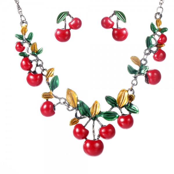 Sweet Red Cherry Earrings Necklace Jewelry Sets Tassel chandelier Earrings Gift for Women